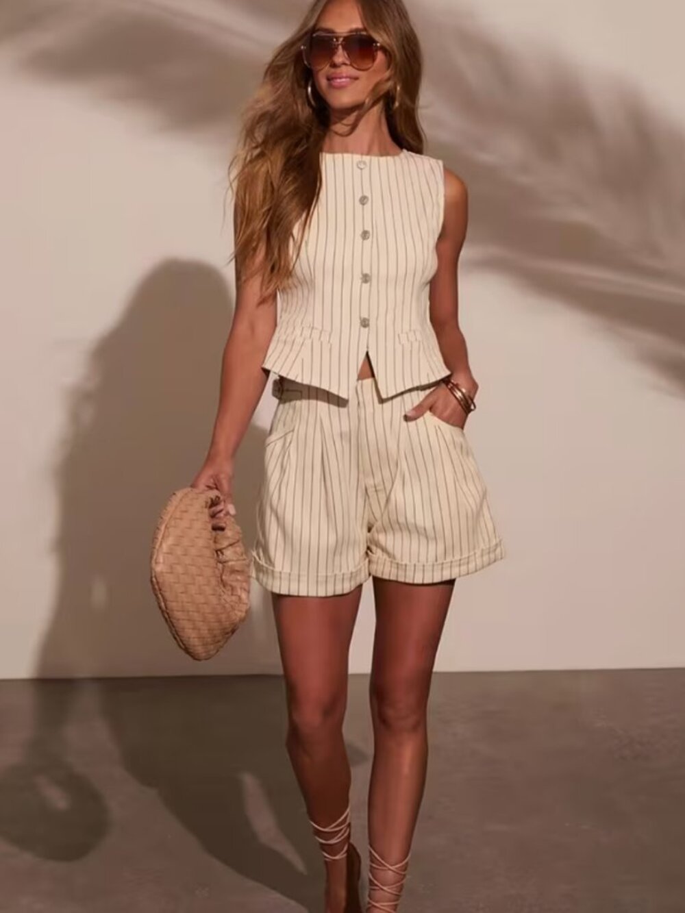 Fine-Striped Sleeveless Waist-Defining Vest And Matching Wide-Leg Shorts Set